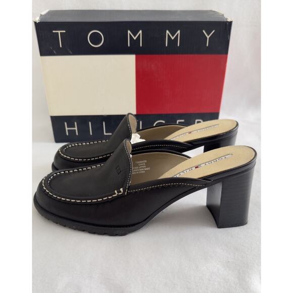 Vintage Y2K Tommy Hilfiger SlipOn Black Leather Chunky Block Heel Shoes W/Box 7M - Picture 2 of 9